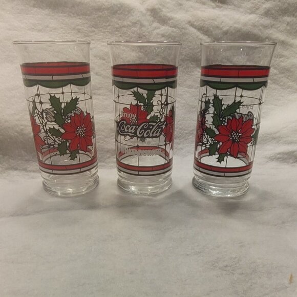 Vintage Coca Cola Christmas Holiday Poinsettia Glasses Set of 3 - Picture 1 of 8
